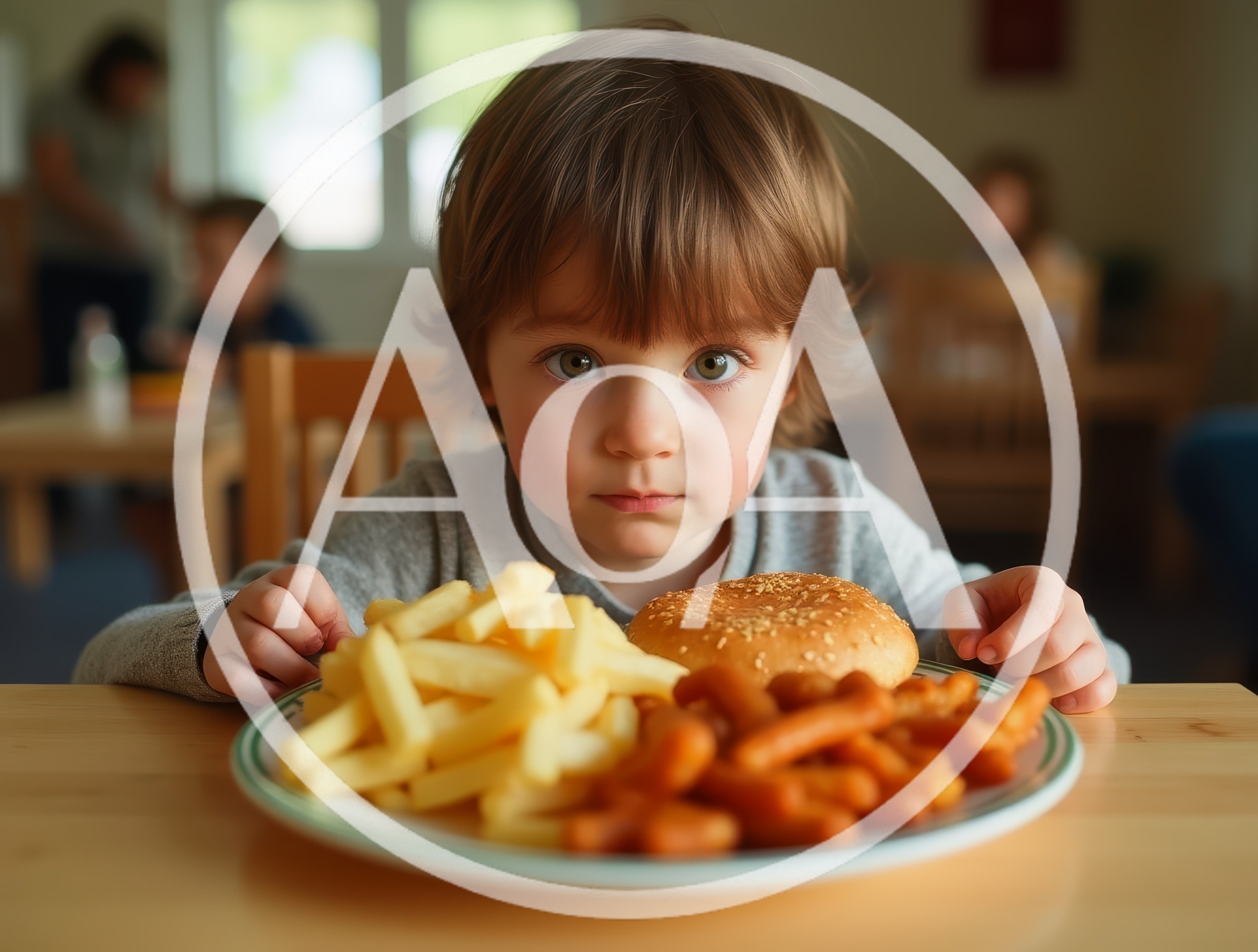 Young Child Sitting At Table With Fast Food Meal