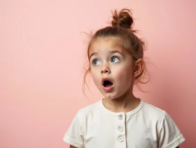 Surprised little girl opening her mouth and looking up on pink b