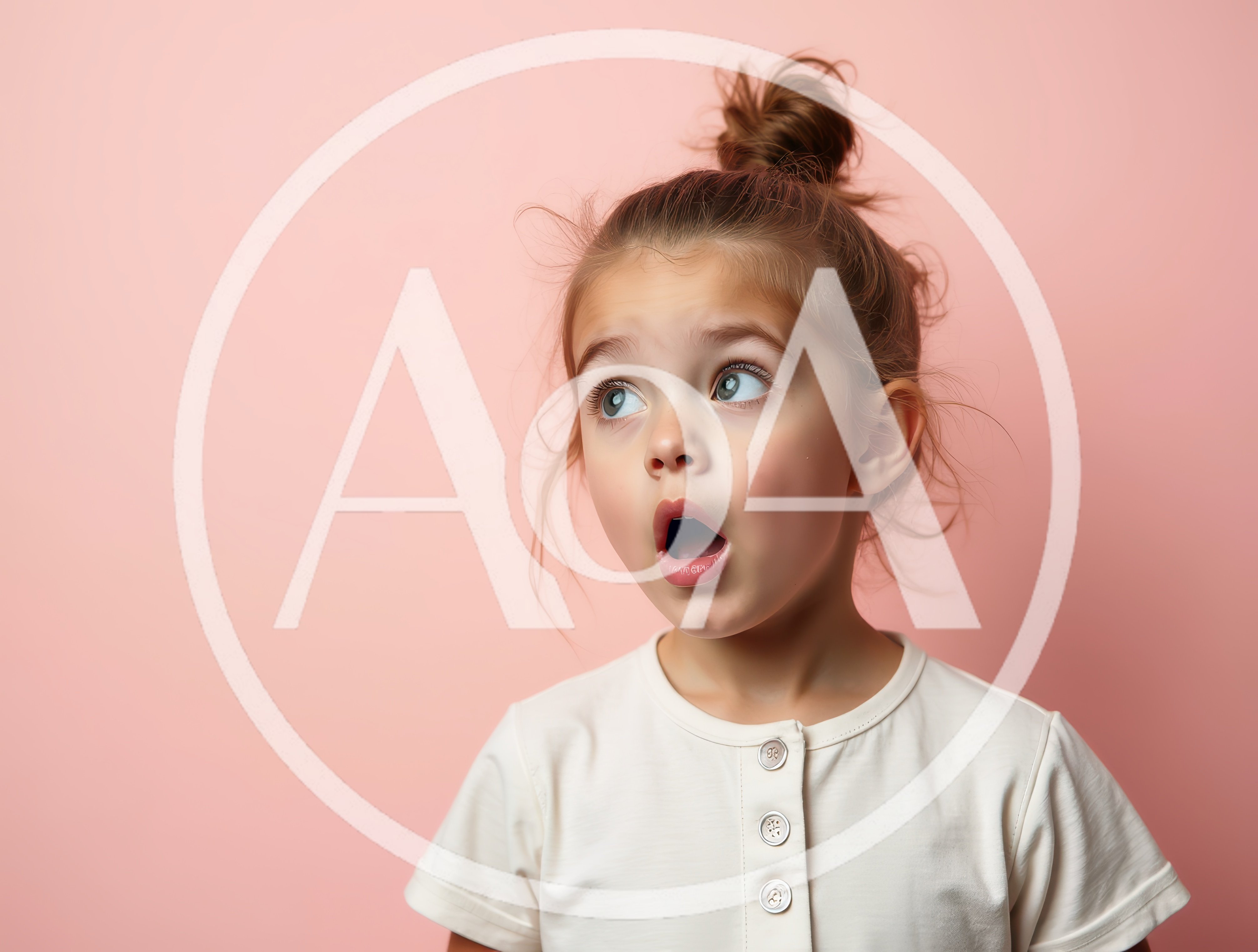Surprised little girl opening her mouth and looking up on pink b