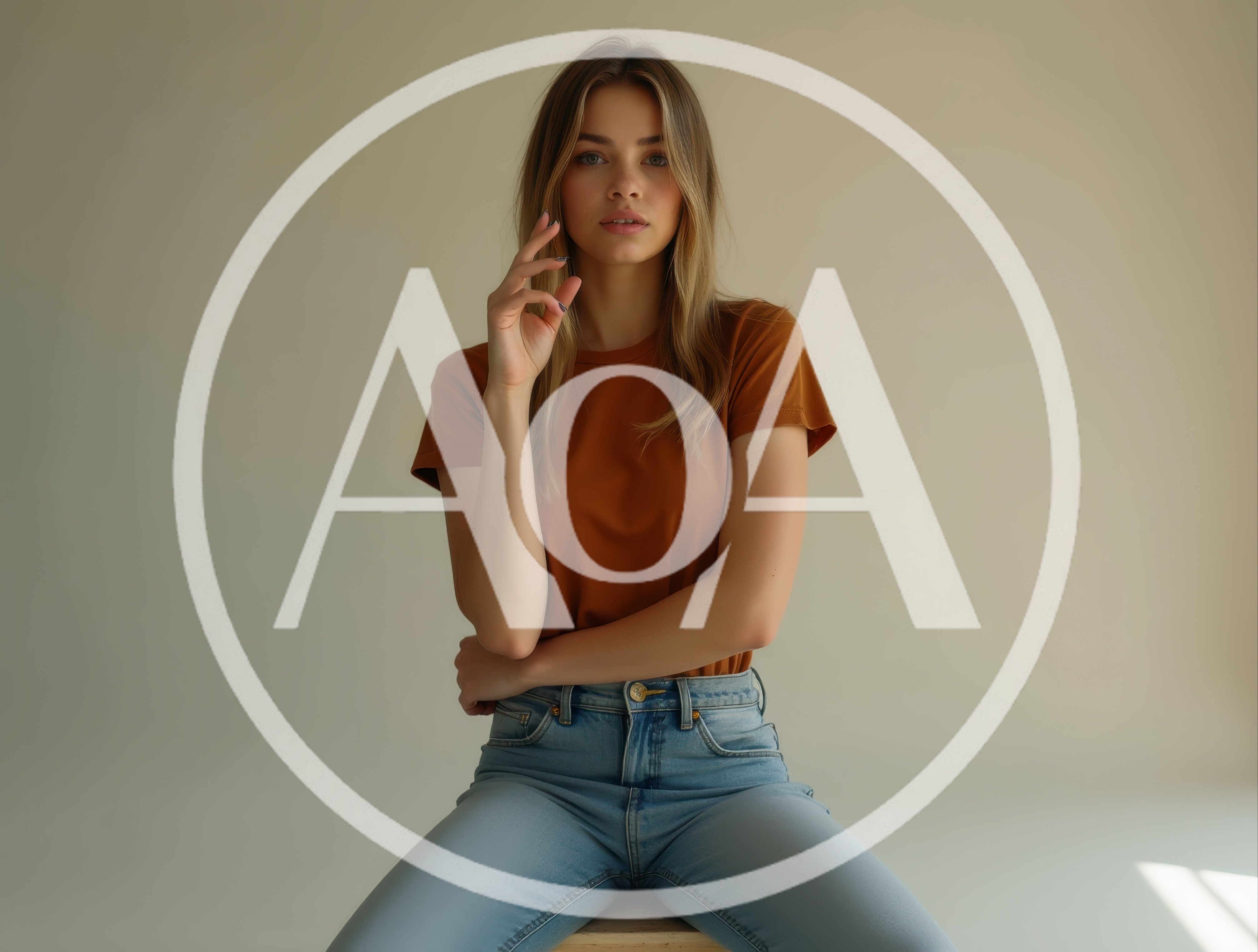 Young Woman Posing In Brown T-Shirt And Jeans