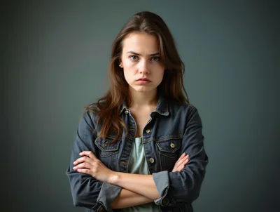Young Woman With Serious Expression And Crossed Arms