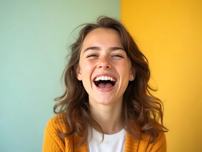 Young Woman Laughing Against A Two Tone Background