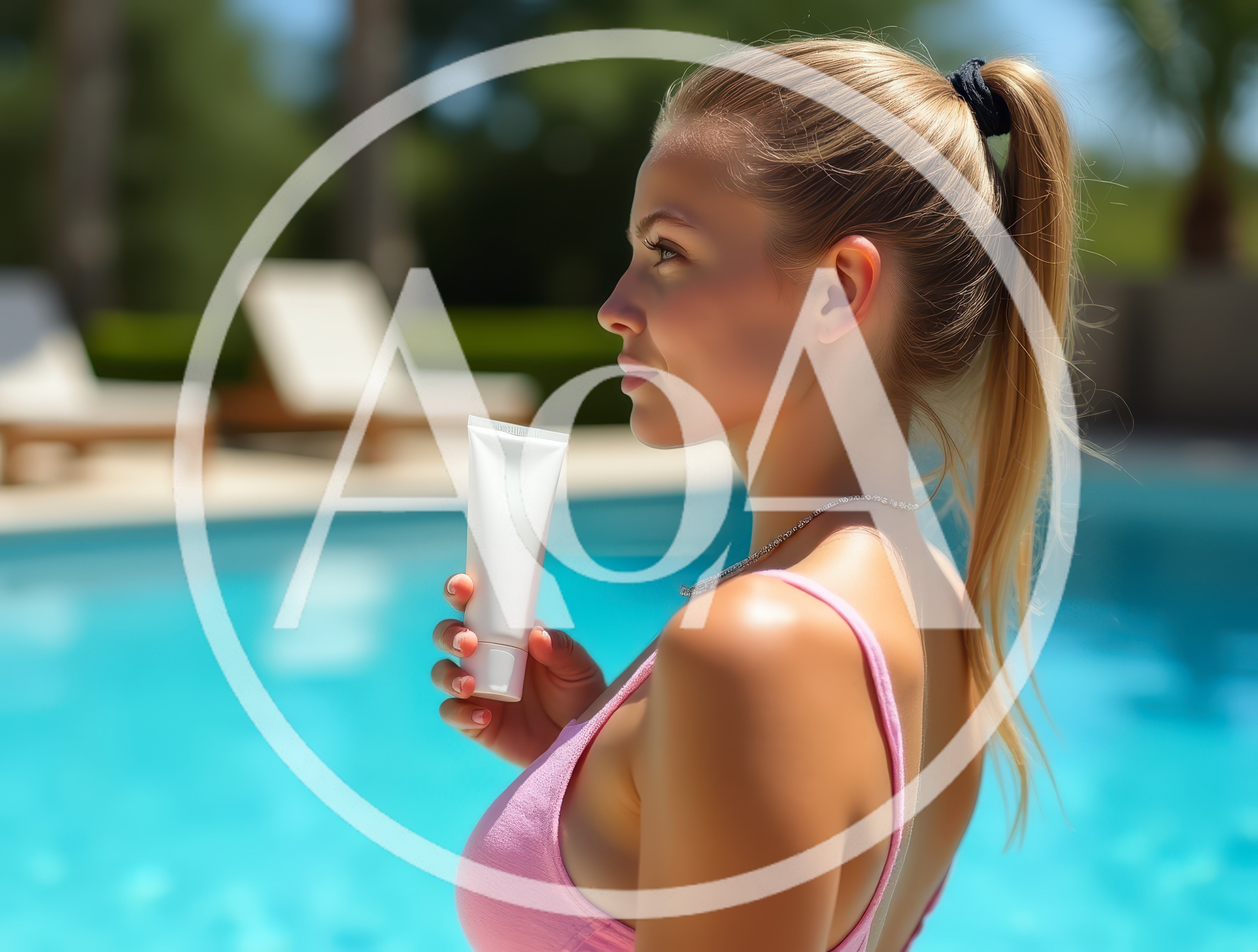 Young Woman Holding Sunscreen Tube By Swimming Pool