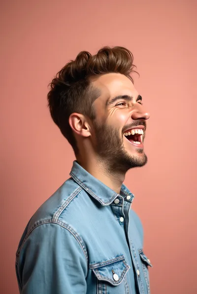 Young Man Laughing Joyfully In Denim Shirt