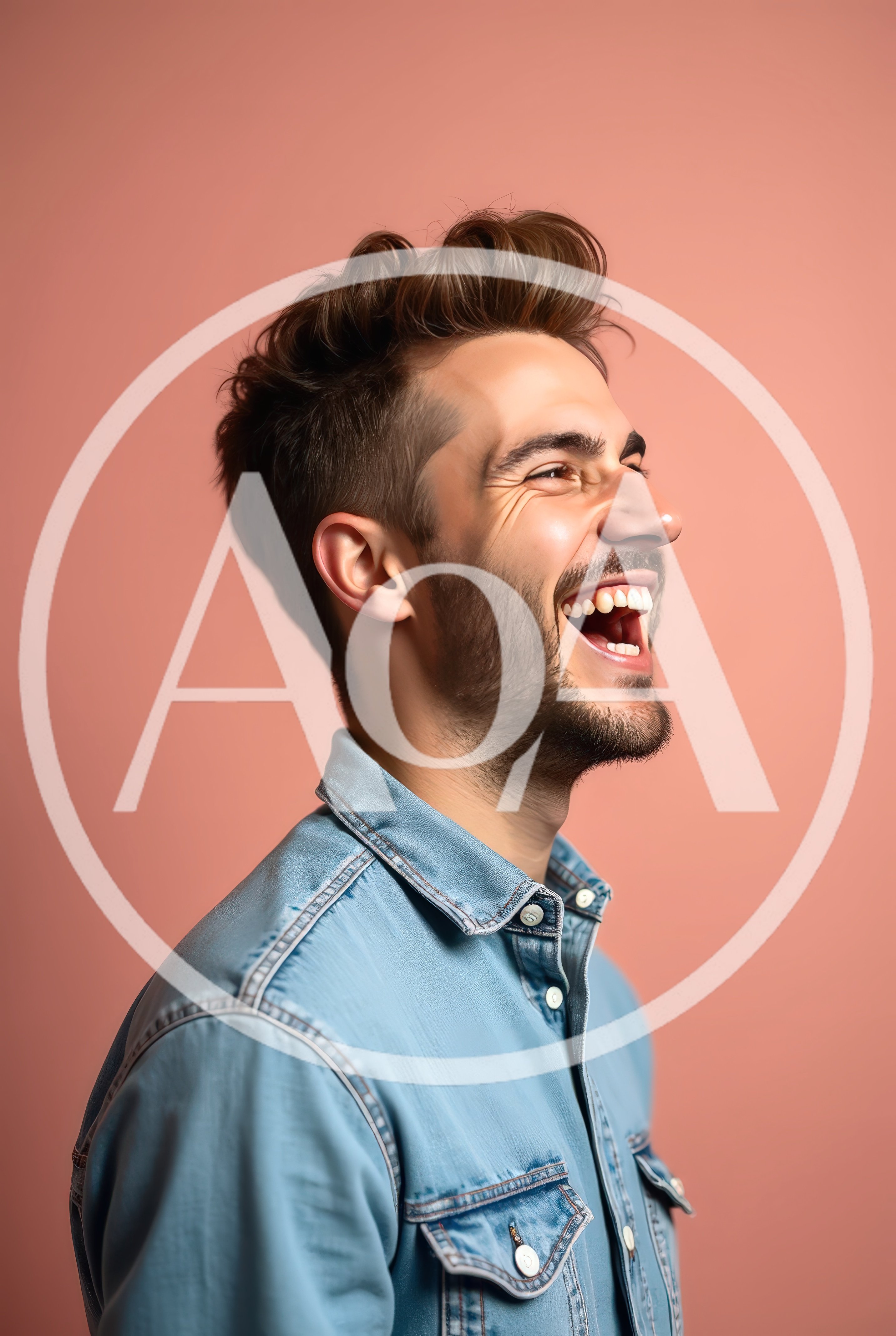 Young Man Laughing Joyfully In Denim Shirt