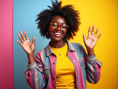 Cheerful Young Woman Waving Hands Against Colorful Background