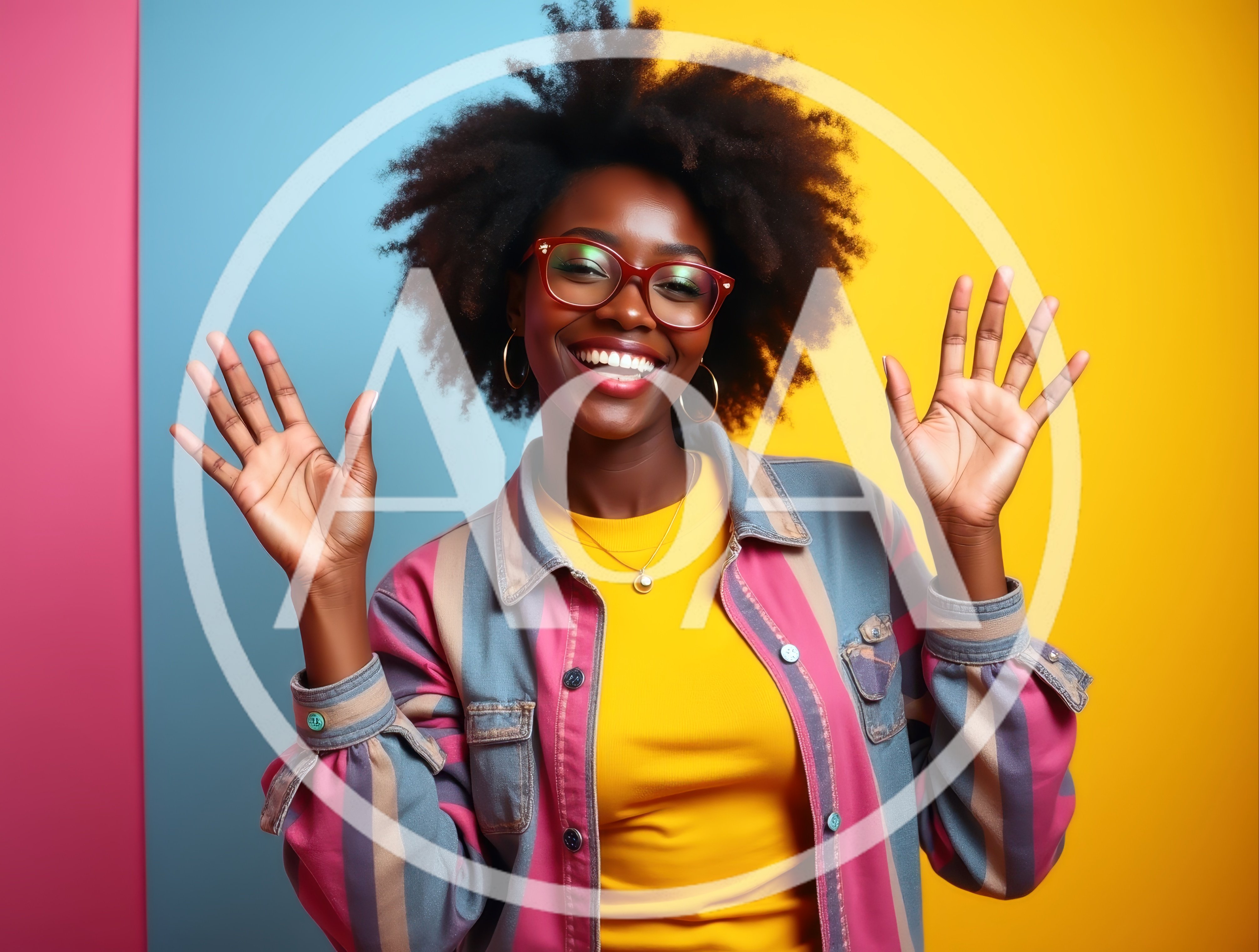 Cheerful Young Woman Waving Hands Against Colorful Background