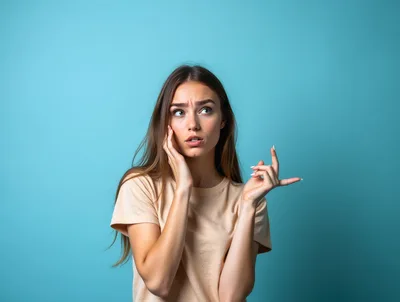Young Woman Expressing Confusion Against Blue Background