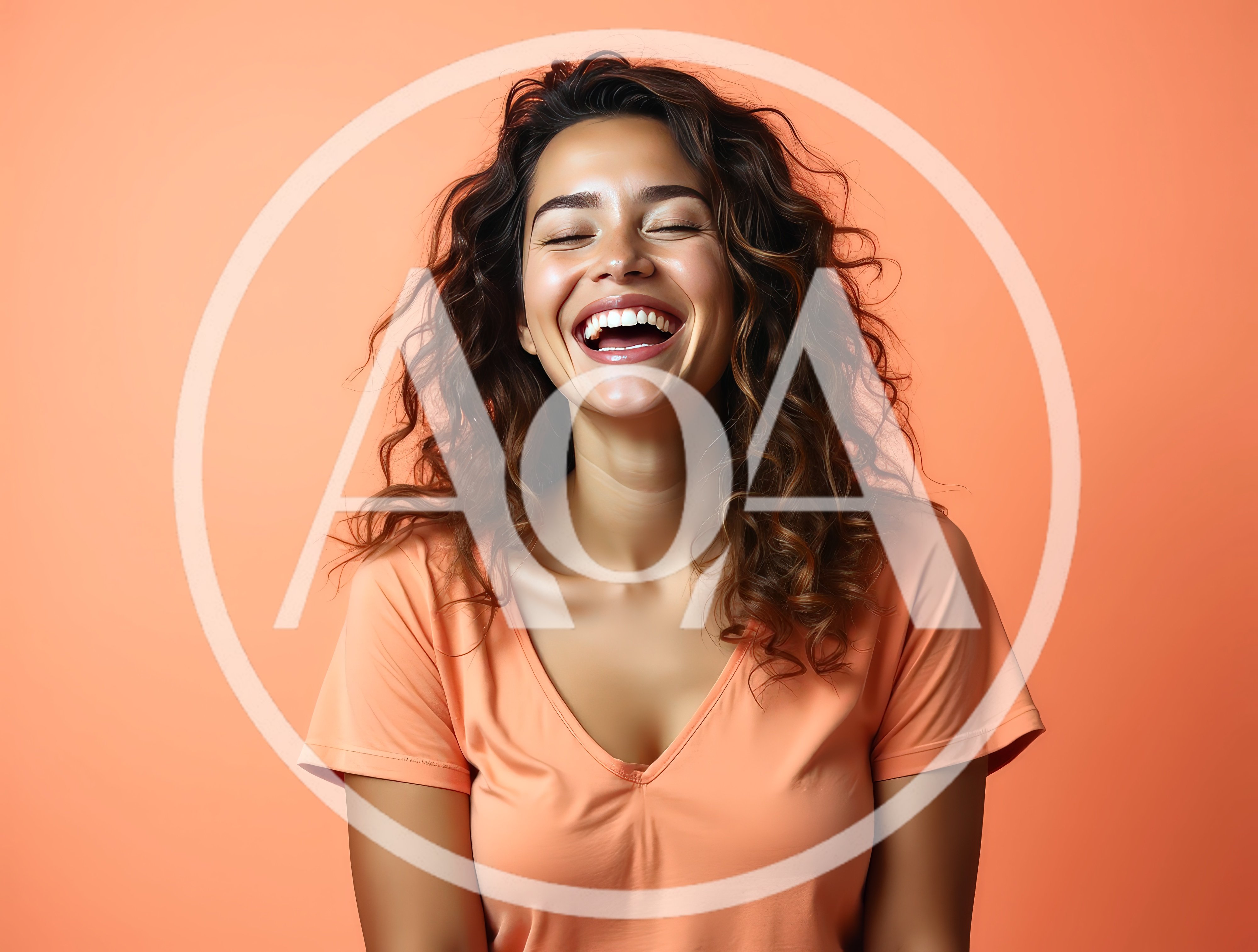 Happy Young Woman Laughing Against Peach Background