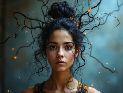 Portrait Of A Woman With Glowing Magical Hair