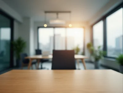 Empty Wooden Desk In Modern Office Interior