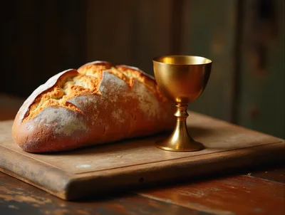 Loaf Of Bread And Golden Chalice On Wooden Board