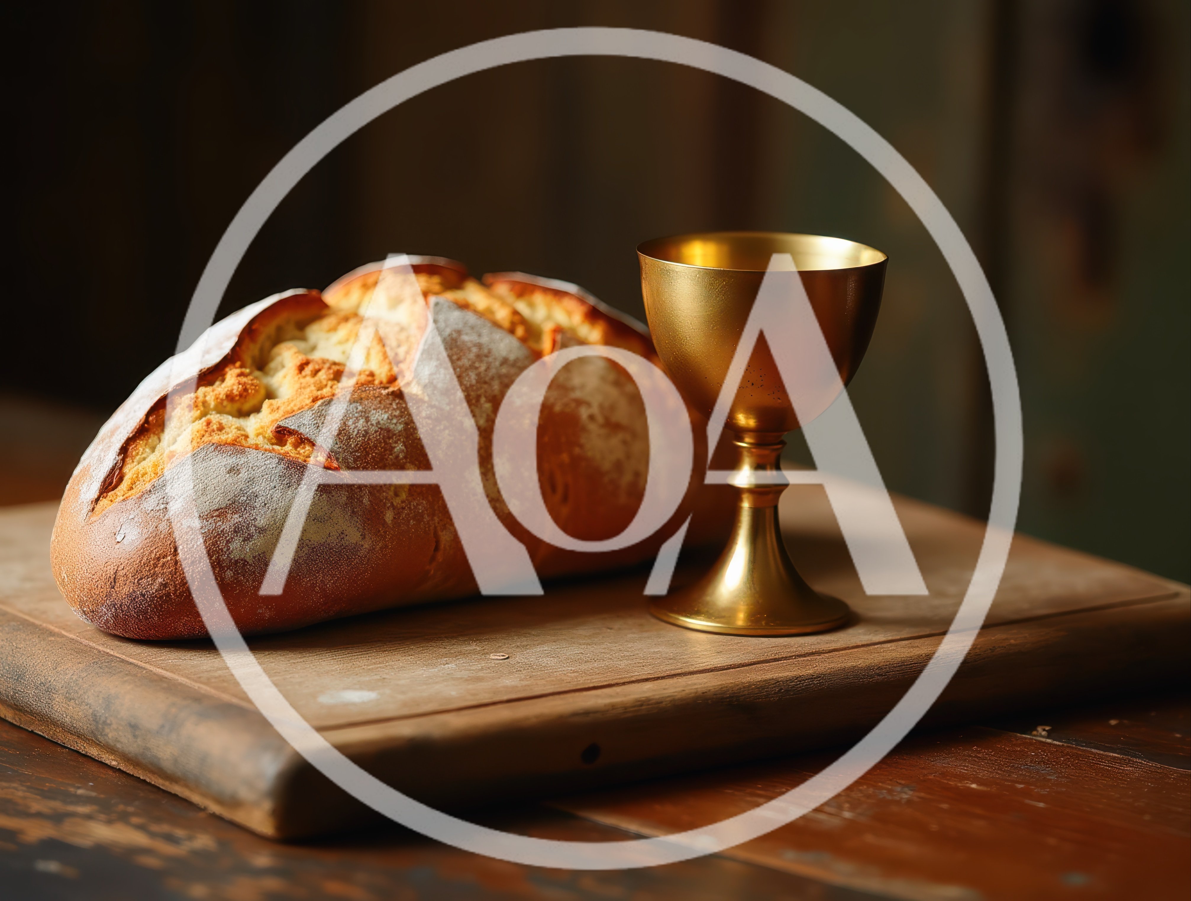 Loaf Of Bread And Golden Chalice On Wooden Board