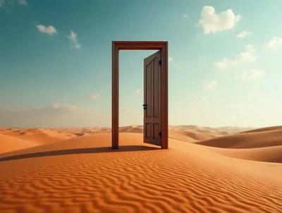 Standalone Wooden Door Standing Alone In Vast Desert