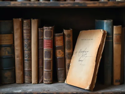 Old Antique Books Arranged On A Dusty Wooden Shelf