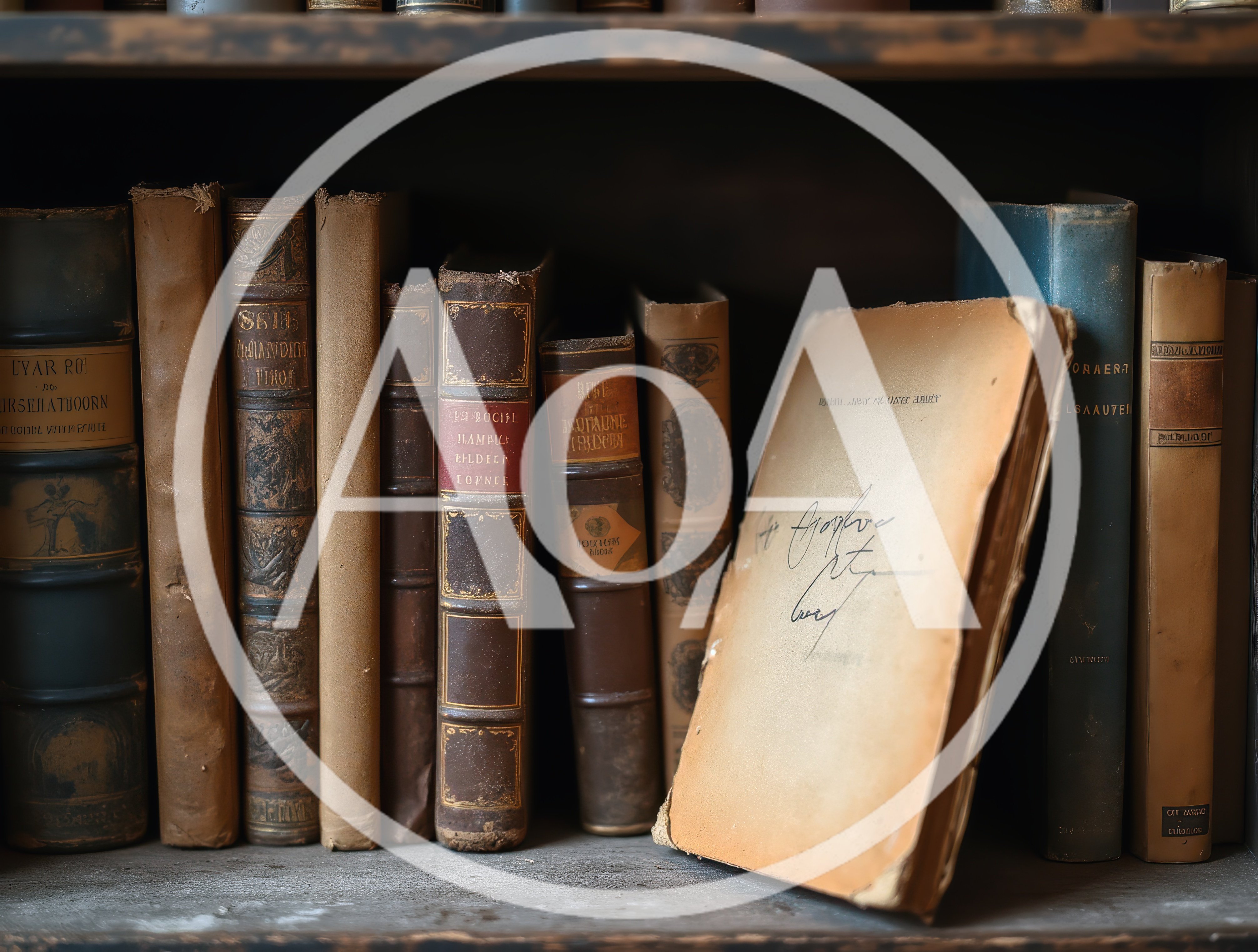 Old Antique Books Arranged On A Dusty Wooden Shelf