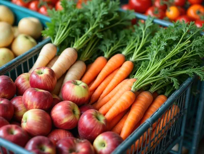Fresh Apples and Carrots in Market Crates