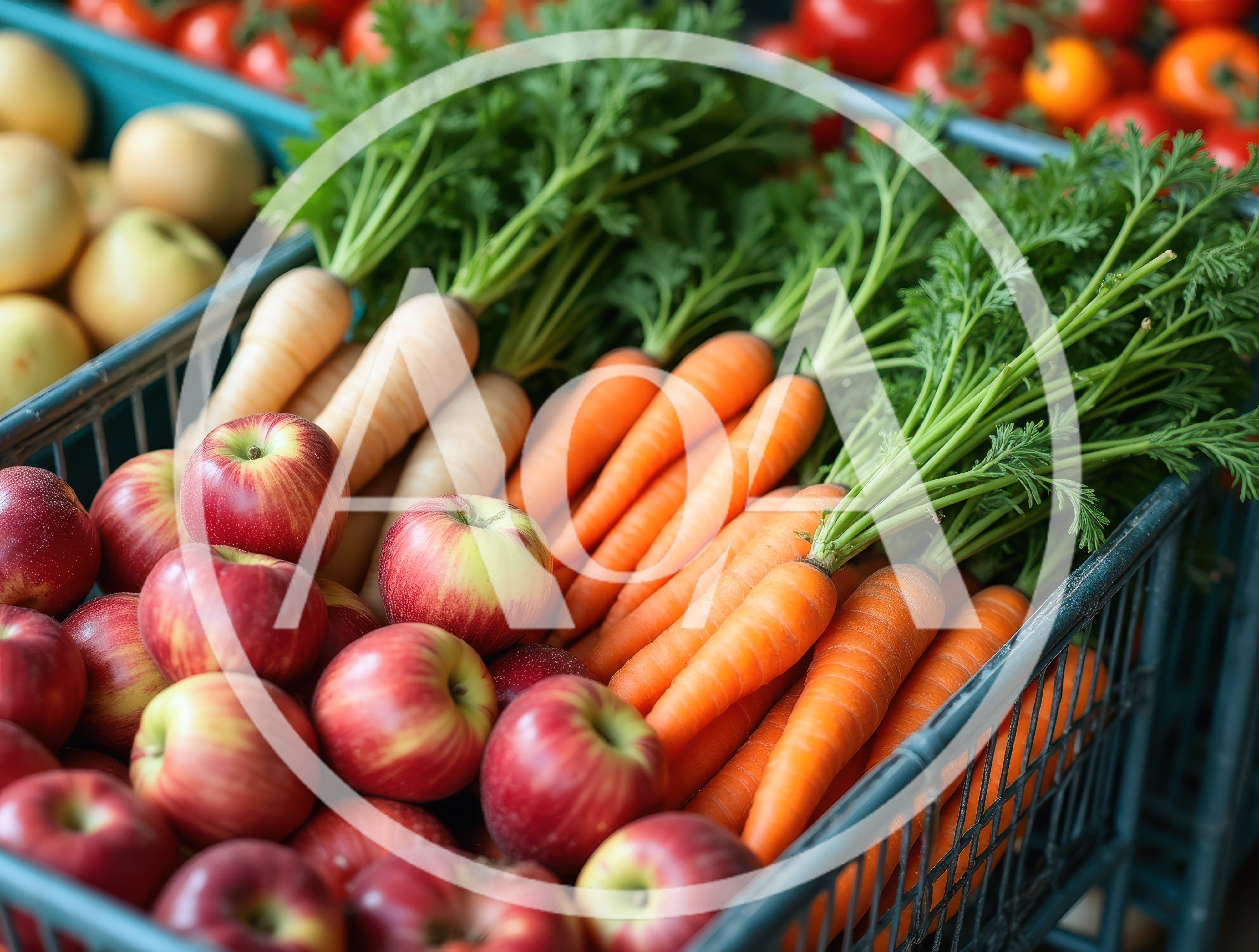 Fresh Apples and Carrots in Market Crates