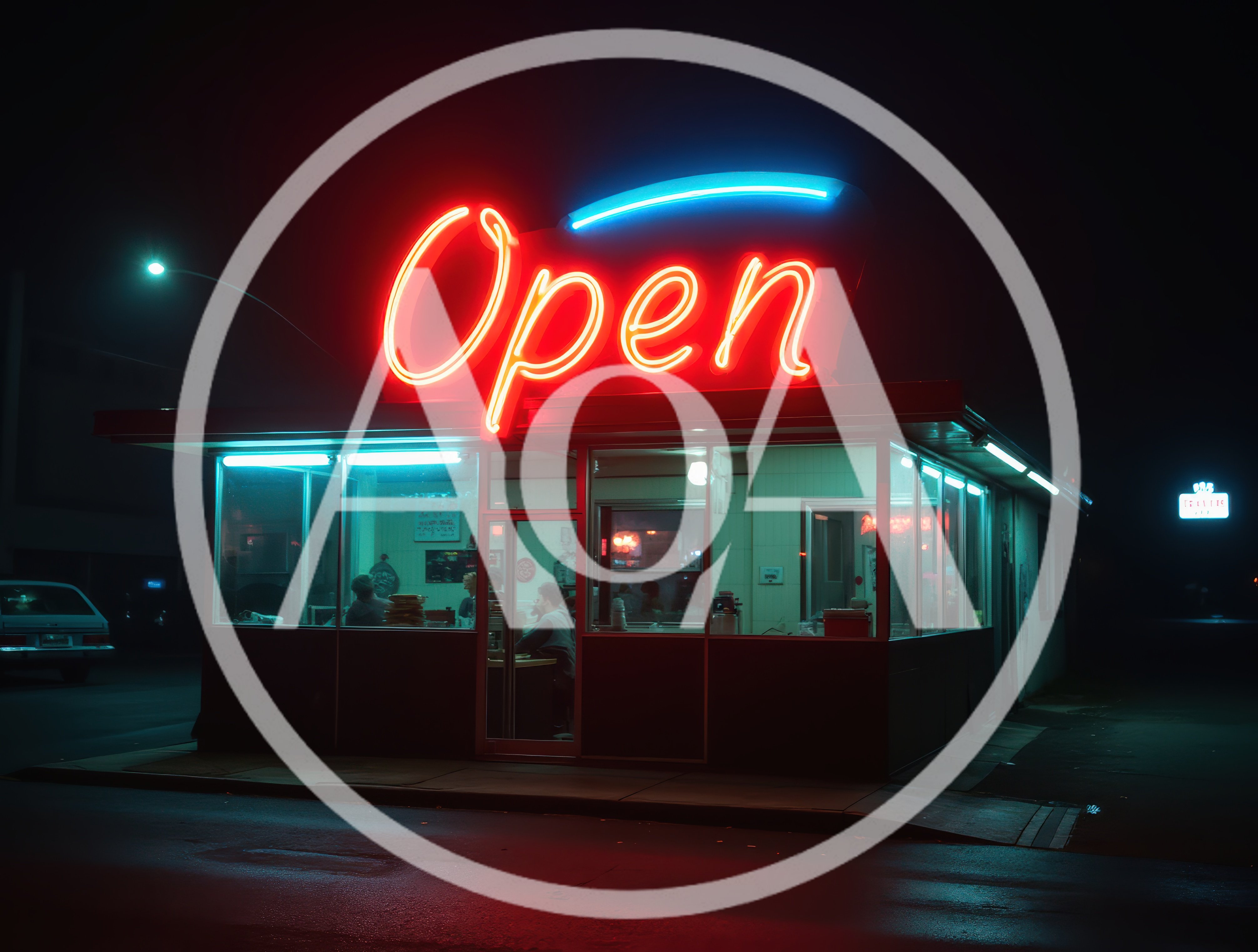 Diner Exterior With Neon Open Sign At Night