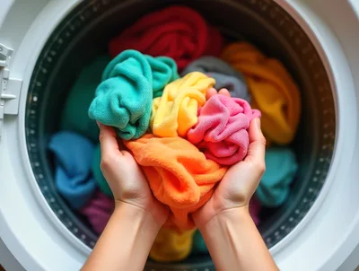 Person Holding Colorful Laundry In Washing Machine