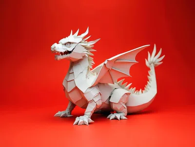 White Paper Dragon Sculpture On Red Background