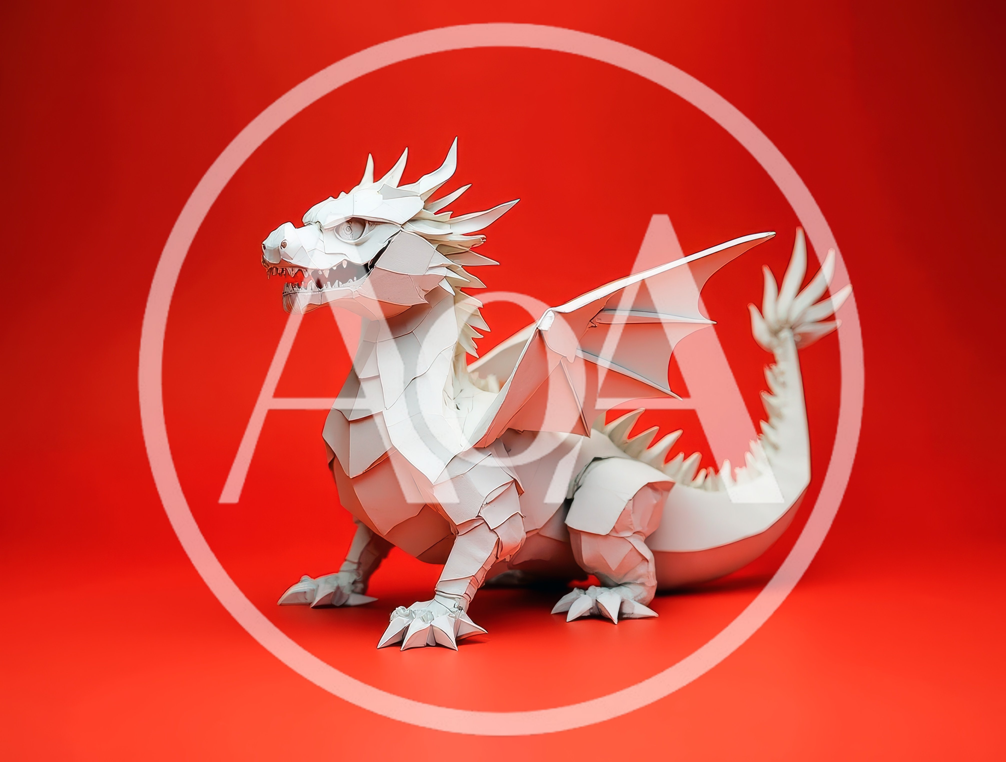 White Paper Dragon Sculpture On Red Background