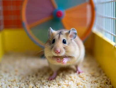 Cute Syrian Hamster Standing In A Colorful Cage