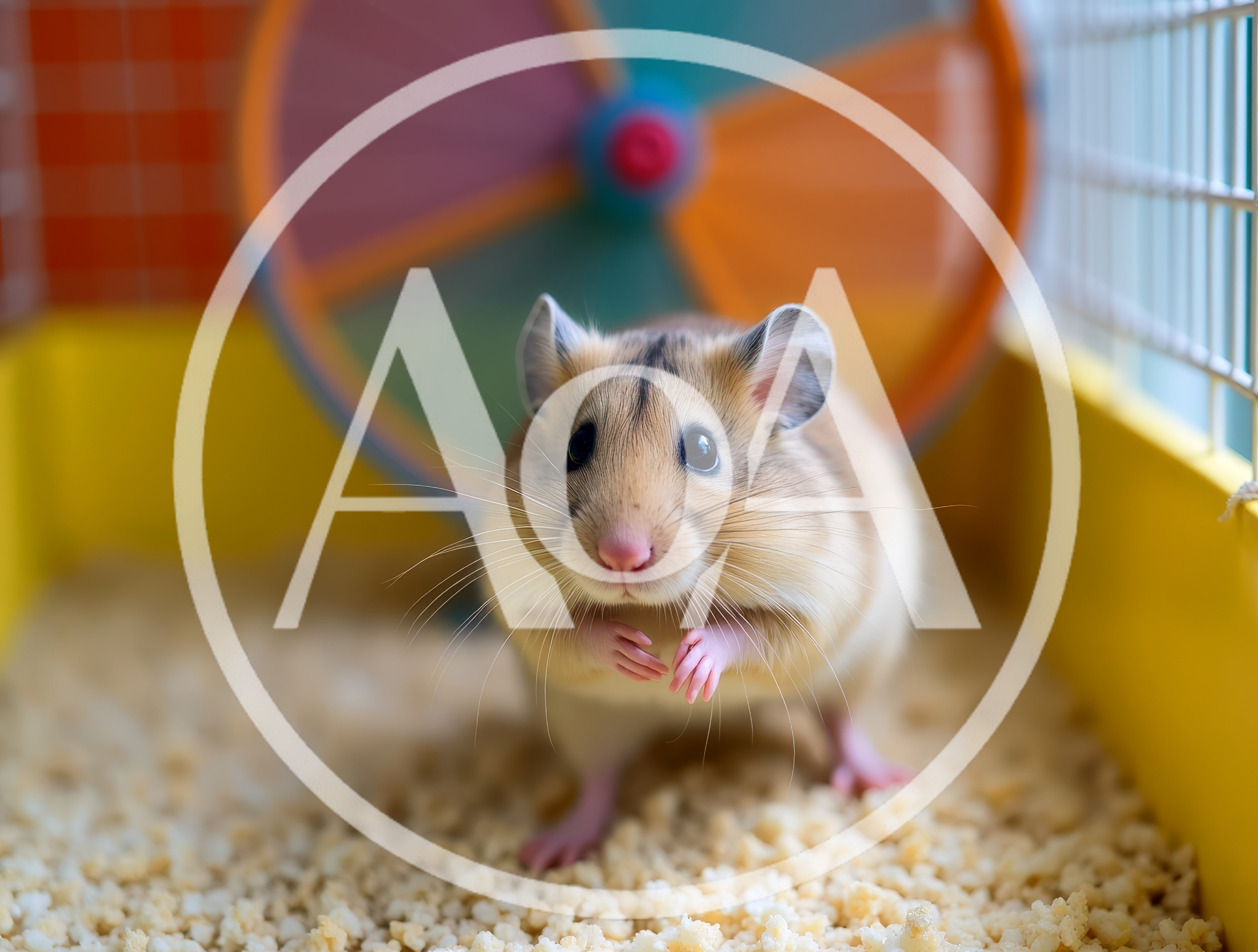 Cute Syrian Hamster Standing In A Colorful Cage