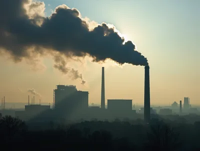 Industrial Power Plant Silhouette With Smoke Emissions