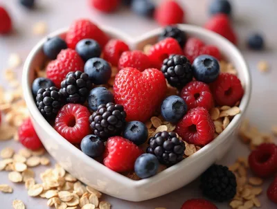 Heart Shaped Bowl Filled With Fresh Berries And Oats