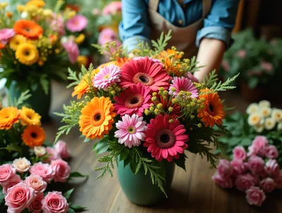 Florist Arranging A Vibrant Gerbera Daisy Bouquet
