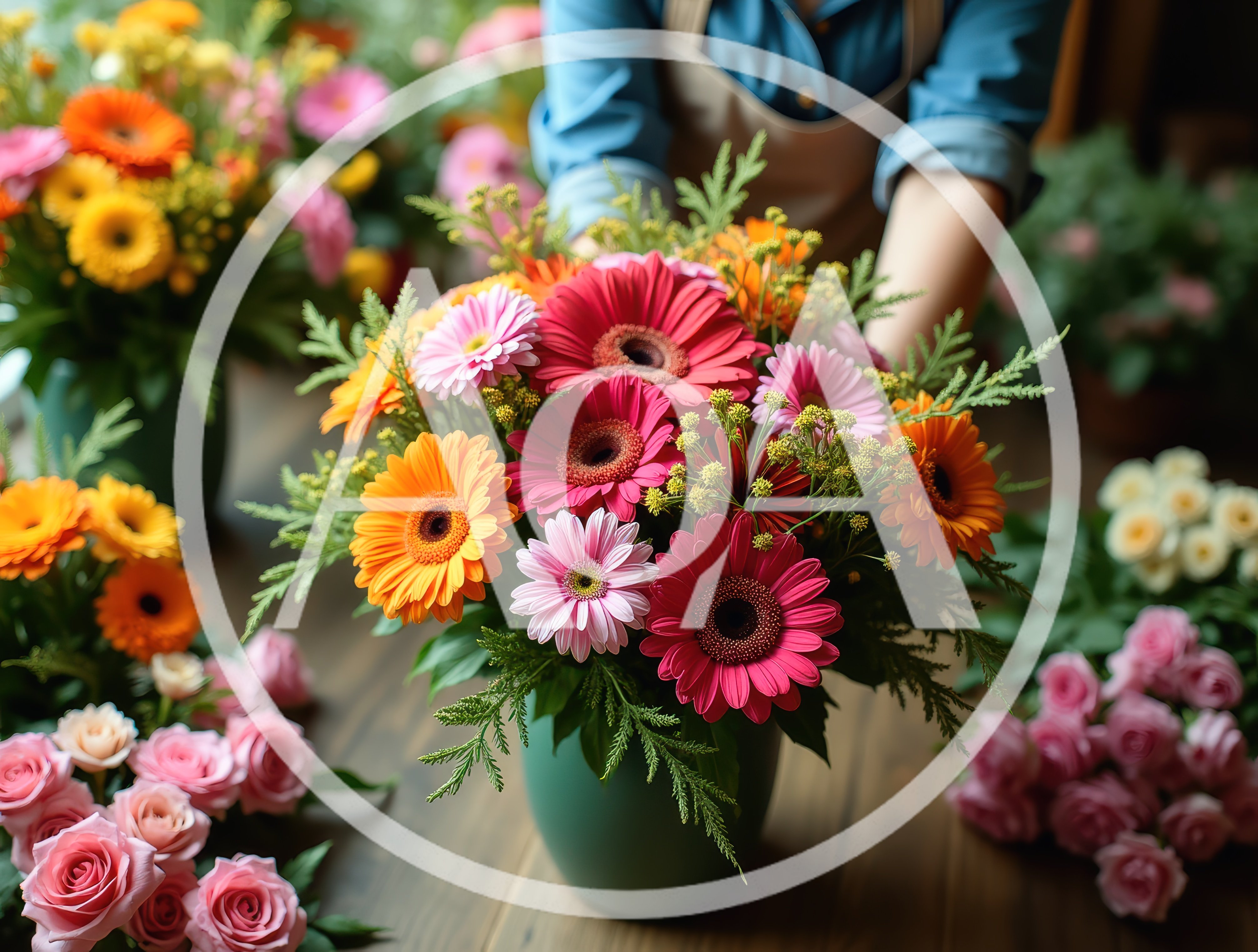 Florist Arranging A Vibrant Gerbera Daisy Bouquet