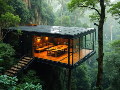 Modern Glass Cabin Suspended Over Lush Tropical Forest