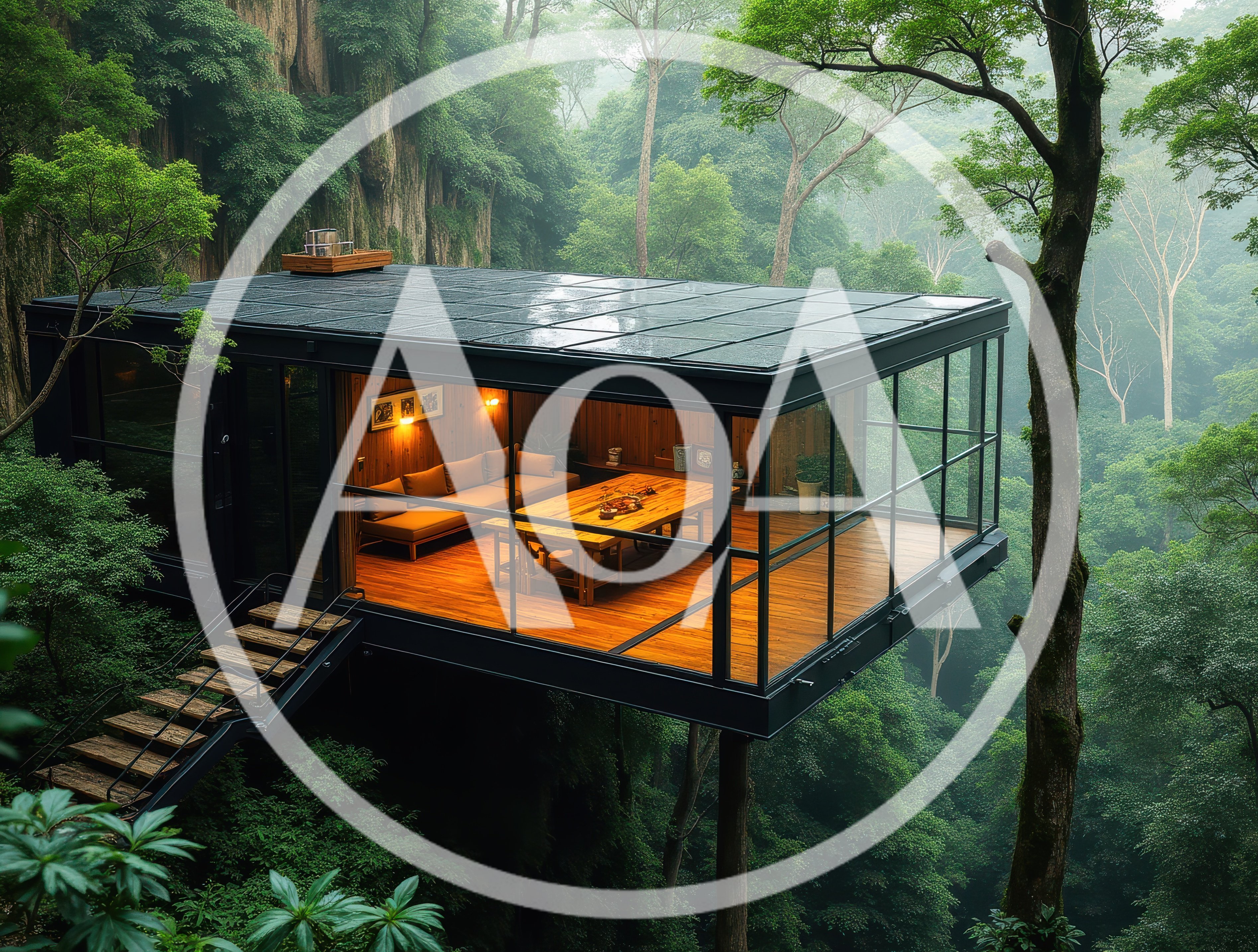 Modern Glass Cabin Suspended Over Lush Tropical Forest