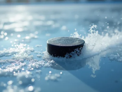 Hockey Puck Sliding Across Frozen Ice Surface