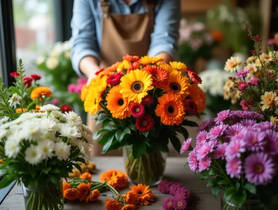 Florist Arranging A Vibrant Bouquet Of Gerbera Daisies