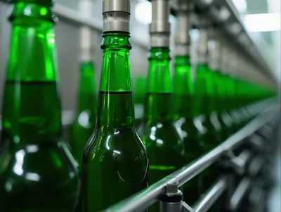 Green Glass Bottles Moving Along Industrial Conveyor Belt