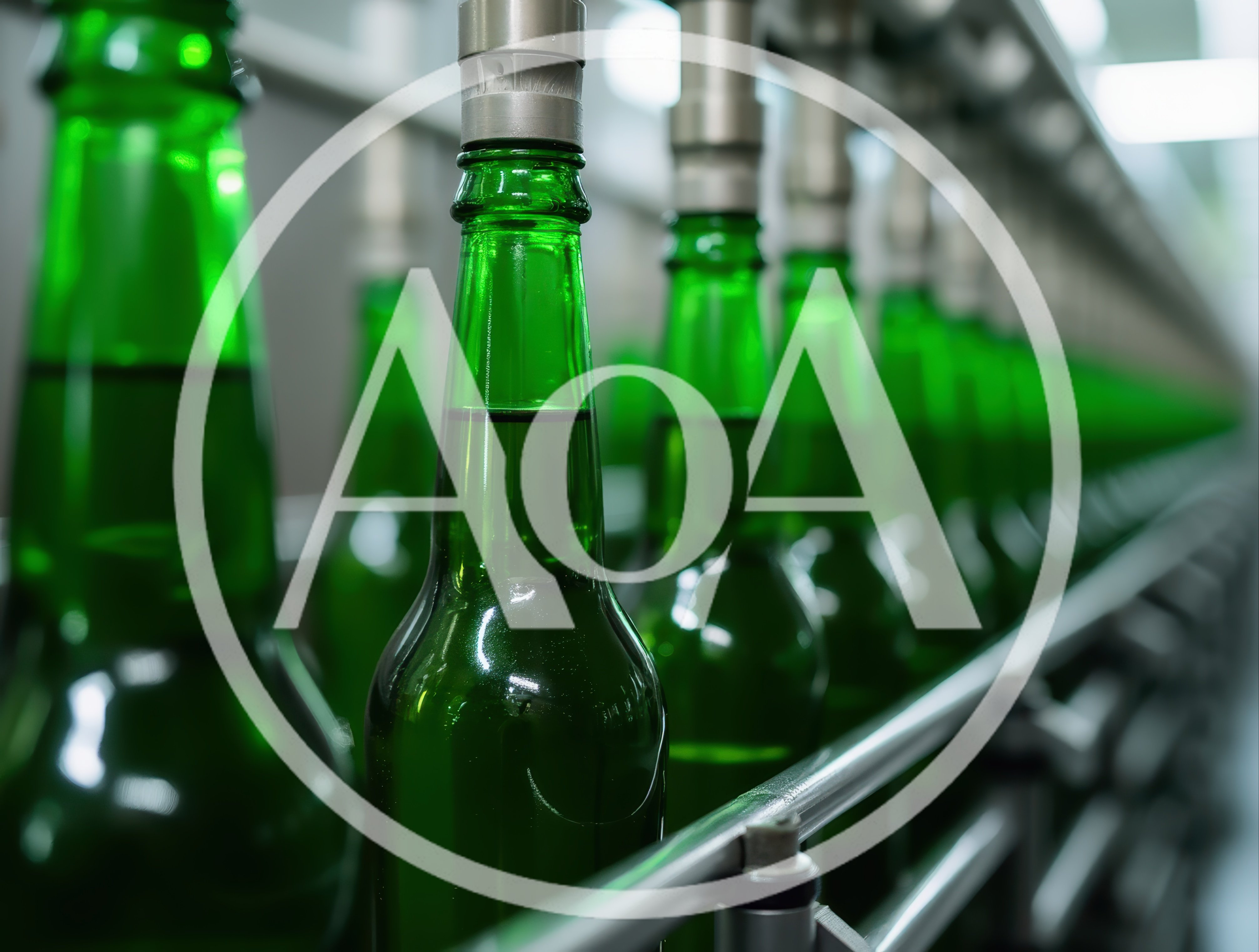 Green Glass Bottles Moving Along Industrial Conveyor Belt