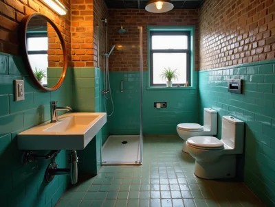 Modern Industrial Bathroom With Teal Tiles And Brick Walls