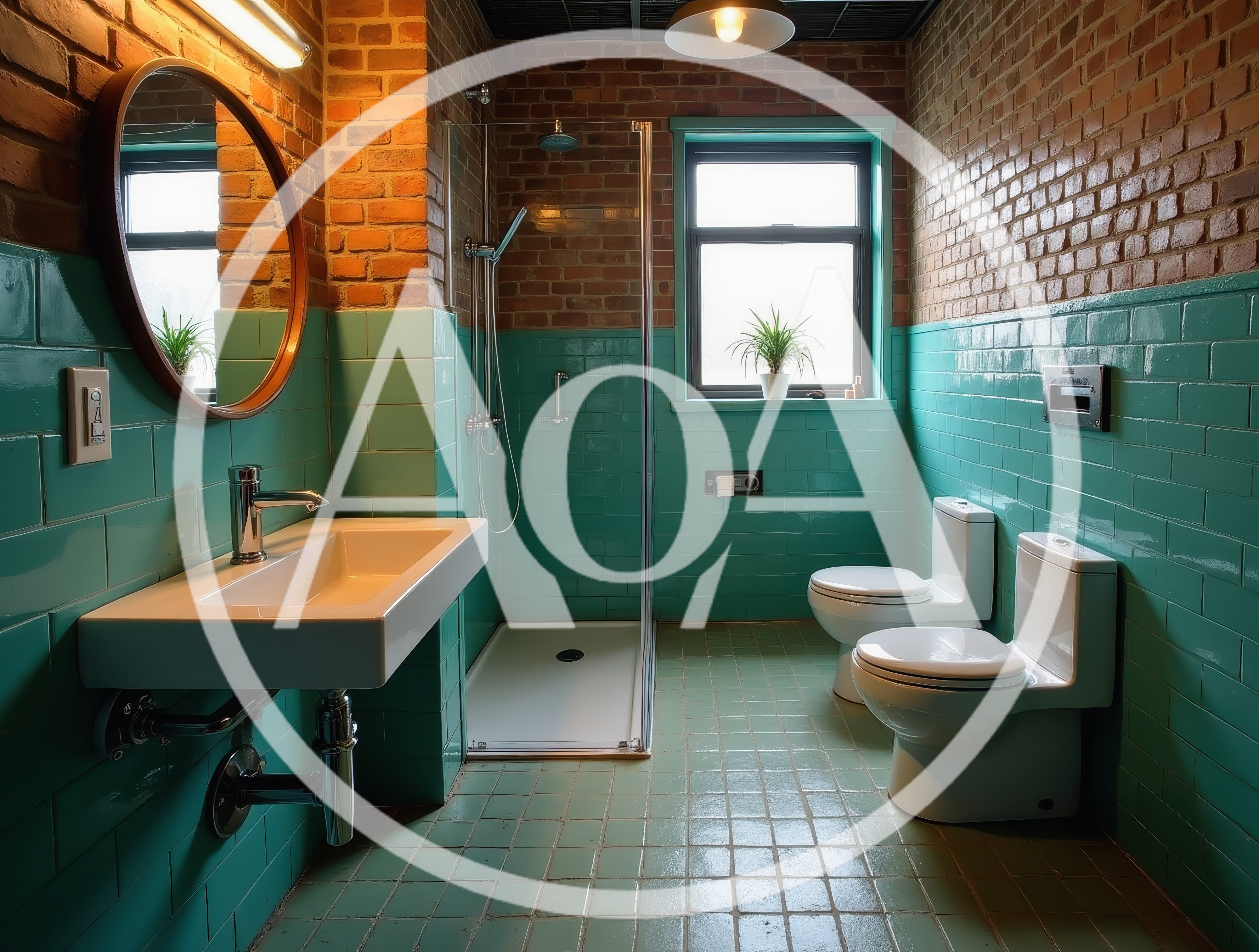 Modern Industrial Bathroom With Teal Tiles And Brick Walls