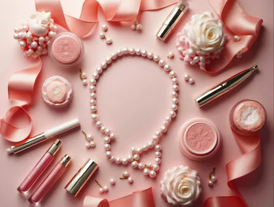 Flat Lay Composition of Beauty Products and Pearls