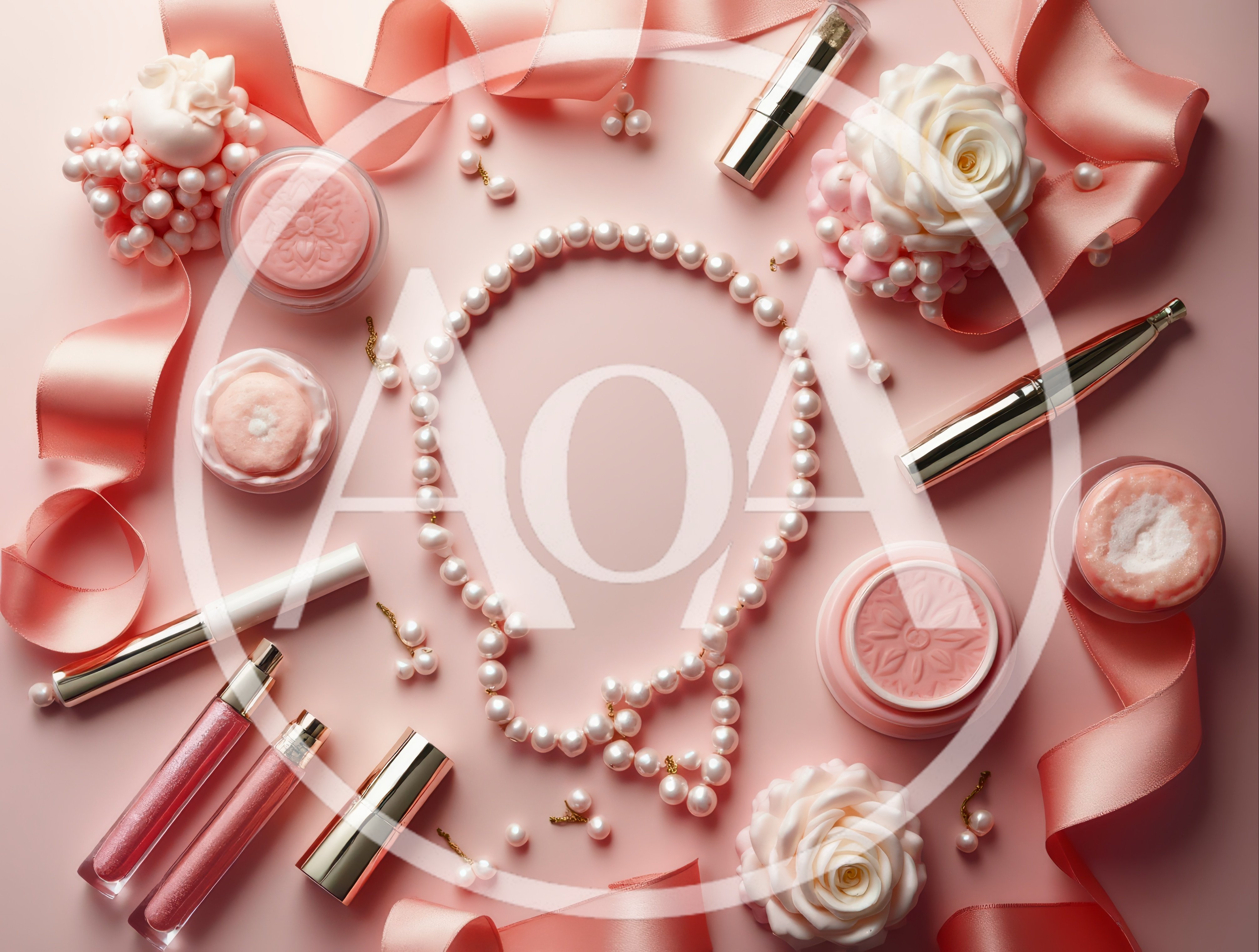Flat Lay Composition of Beauty Products and Pearls