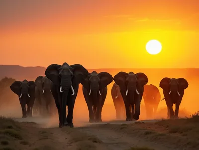 Herd Of African Elephants Walking On Dusty Savannah