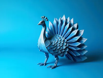 Blue Paper Origami Peacock Sculpture