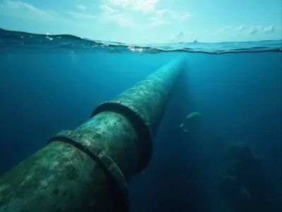 Underwater View Of A Large Submerged Industrial Pipeline