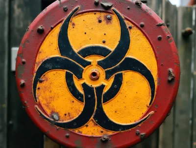 Weathered Biohazard Warning Sign On Industrial Metal Surface