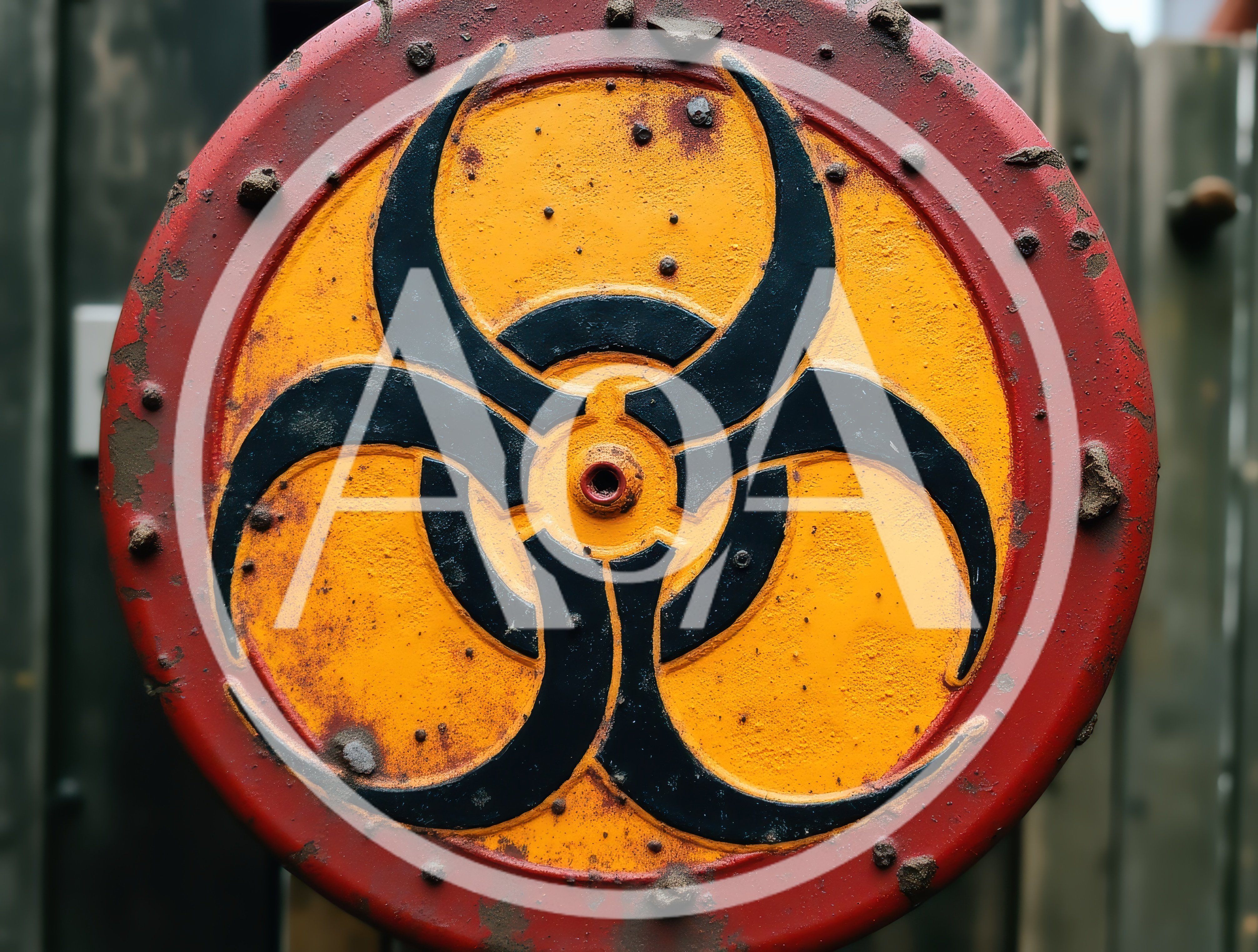 Weathered Biohazard Warning Sign On Industrial Metal Surface