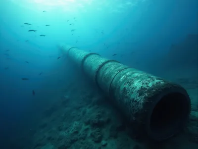 Large Submerged Industrial Pipeline On The Ocean Floor