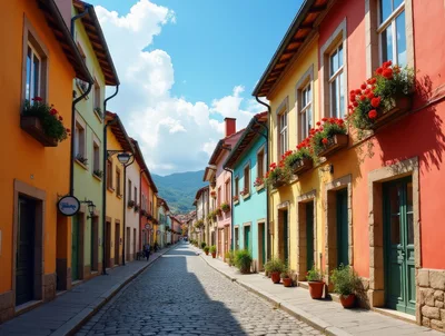 Cobblestone Street Lined With Colorful European Style Buildings