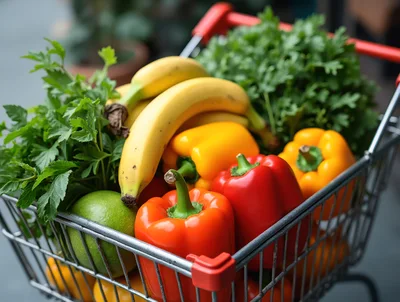 Fresh Produce In A Metal Shopping Cart